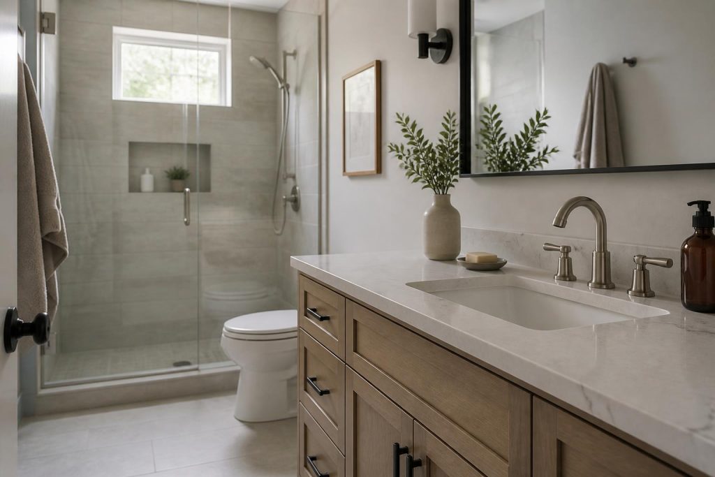 Modern bathroom with polished faucet and clean finished tile.