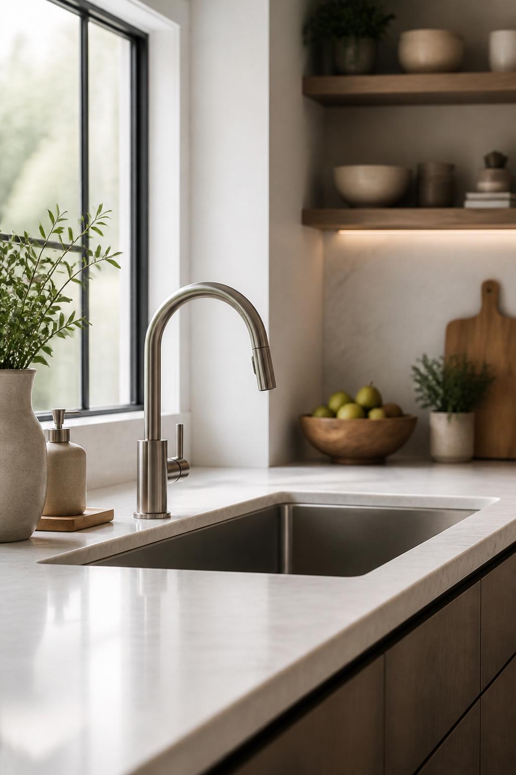 Bright kitchen with a clean installed sink and faucet.